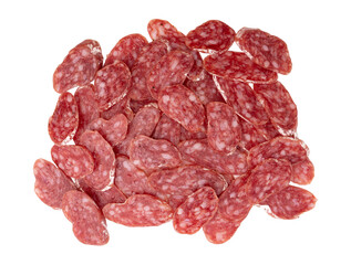 slices of salami isolated on white background with clipping path, concept of tasty food with salami sausage