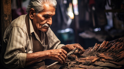 manual cigar spinning rolling process at a cigar factory - obrazy, fototapety, plakaty