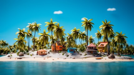 a miniature tropical island with palm trees, a beach bar, and mini beach bungalows. Leave a clear sky or beach area for promotional text.