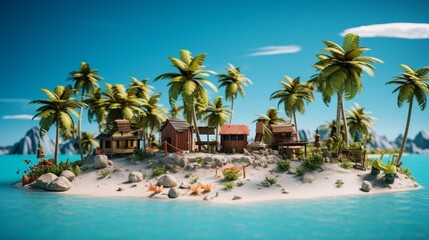 Fototapeta na wymiar a miniature tropical island with palm trees, a beach bar, and mini beach bungalows. Leave a clear sky or beach area for promotional text.
