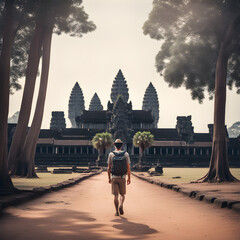 Tourist man with backpack at vacation walking through Angkor Wat, Cambodia