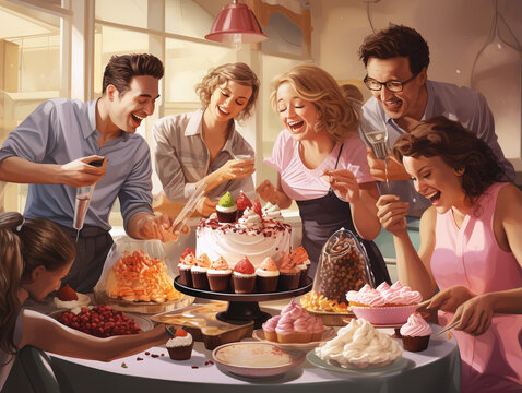 A Surreal Illustration of a Group of Friends Trying Out New Dessert Recipes