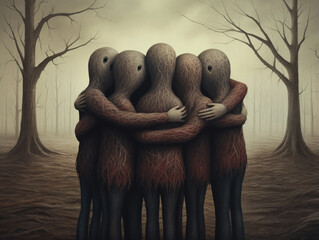 A Surreal Illustration of Friends in a Group Hug, Celebrating Their Bond