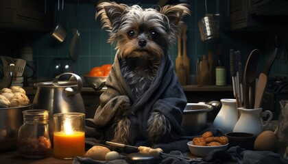 Yorkshire terrier cooking in the kitchen. The dog is a cook in a robe. Humanized dog. Created in ai. - obrazy, fototapety, plakaty