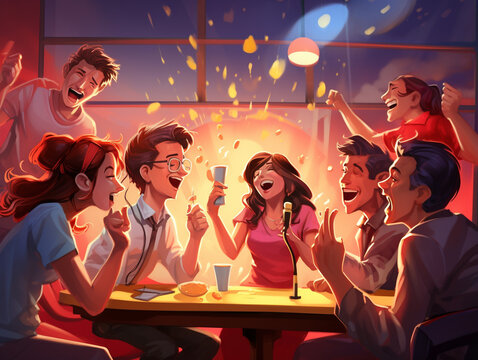 A Surreal Illustration of Friends Having a Karaoke Session After Dinner