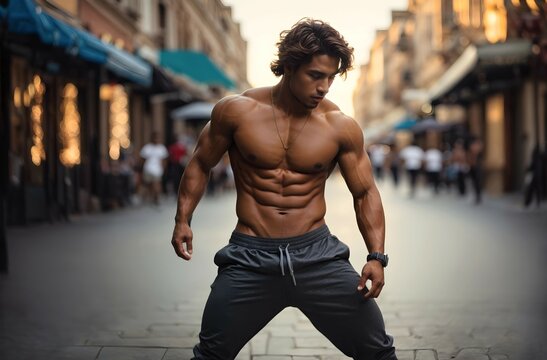 Handsome muscular mixed race male shirtless model dancing in the street, background, banner, copy space text, template 