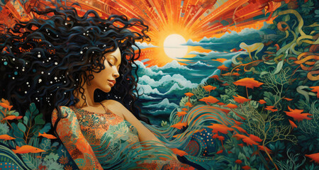 Radiant Illustration of a Beautiful Black Woman: Sunset, Waves & Flowers Symbolizing Beauty, Calm, and Confidence