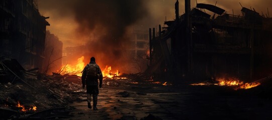 Wide-angle view of a solitary soldier, solemnly walking amidst the chaos of a city ablaze during nighttime