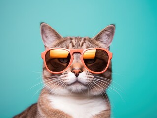 Cat sporting orange-tinted sunglasses, set against a blue backdrop