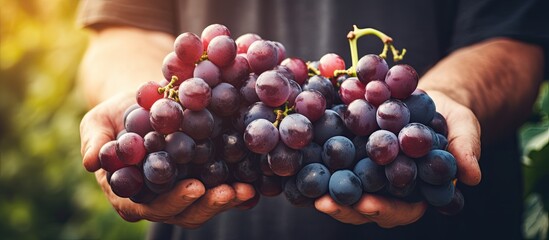 Farmer holds grape harvest With copyspace for text - obrazy, fototapety, plakaty