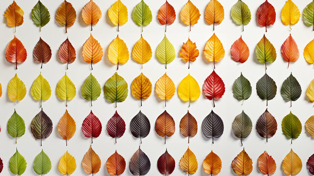 Viele sch&ouml;ne Herbstbl&auml;tter mit verschiedenen Farben in Reihe als Vergleich im Querformat f&uuml;r Banner, ai generativ