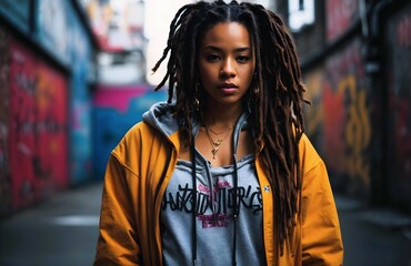 Portrait of beautiful African american woman, dreadlocks and urban clothing style, fashion background, hip hop culture banner with copy space text 