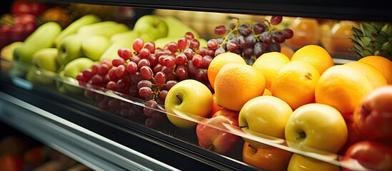 Fresh fruit packages showcased in a commercial fridge With copyspace for text
