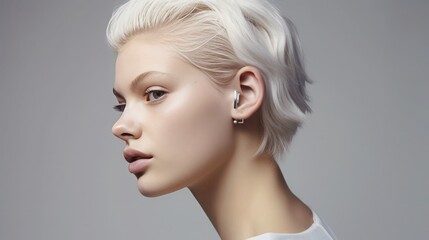 Close-up portrait of a young beautiful girl who wears a hearing aid