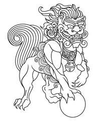 A Stylized outline illustration of a male Chinese guardian lion with his right paw resting on a ball.