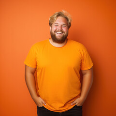 Face of happy overweight man looking at camera on orange studio background - obrazy, fototapety, plakaty