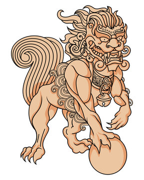A Stylized illustration of a male Chinese guardian lion with his right paw resting on a ball.