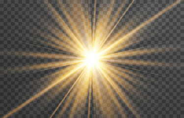 Vector light on isolated transparent background. Sun, rays of light png. Magic glow, golden light png - obrazy, fototapety, plakaty