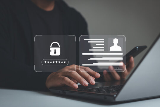 Person confidentiality, NDA(Non-disclosure agreement). Management system with employee privacy. private document data protected, Technology access password identity manage business platform.