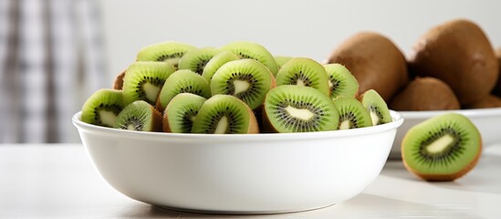 Fresh kiwi fruit in a bowl With copyspace for text