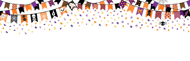 Horizontal vector background with Halloween party bunting flags in orange, black and purple colors with pumpkins, spiders and skulls for greeting cards, invitations  - 657341984