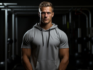 Naklejka premium Sexy durchtranierten Mann im edlen sportlichen Outfit und dunklen Licht blickt in die Kamera, ai generativ