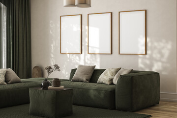 Interior design of living room with mock up posters, stylish modular green sofa, coffee table,...