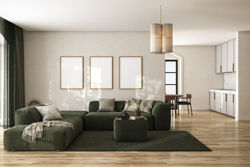 Modern interior of open space with design modular green sofa, furniture, wooden coffee table,...