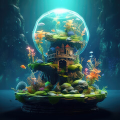 Fantasy underwater island. Wonderful and beautiful underwater world with small brown castle and tropical fishes, green seaweeds in blue water. Fabulous flowers in ocean bottom - obrazy, fototapety, plakaty