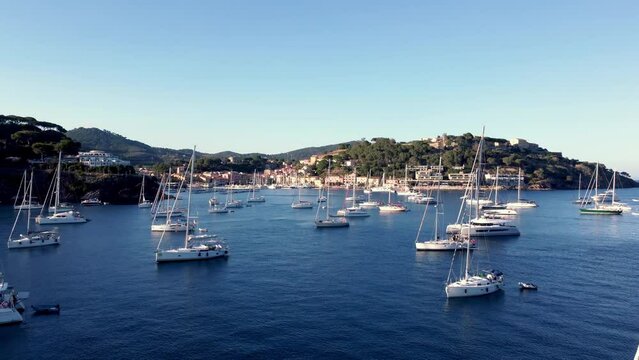 Aerial images of boats in the harbor on the island of Elba, Mediterranean