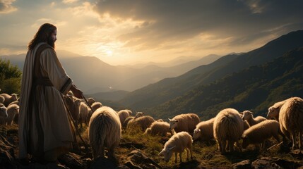 Jesus Christ is our lord and god, the savior of mankind, the shepherd, protects animals and people, grazes sheep and goats on a green field - obrazy, fototapety, plakaty