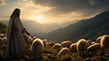 Fotobehang Jesus Christ is our lord and god, the savior of mankind, the shepherd, protects animals and people, grazes sheep and goats on a green field © Gizmo