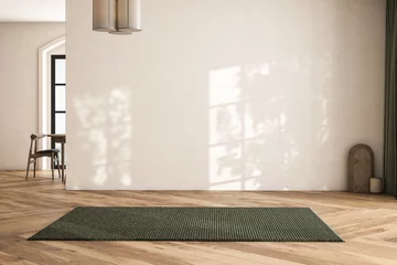 Selbstklebende Fototapeten Sportgeschäft Modern interior design of apartment, dining room with table and chairs, kitchen, empty living room with white wall, panorama. 3d Rendering  © leymandesign