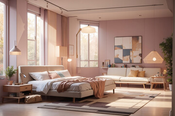 Interior bedroom, windows. AI generative - obrazy, fototapety, plakaty