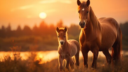 Brown mare and foal on golden summer evening - obrazy, fototapety, plakaty