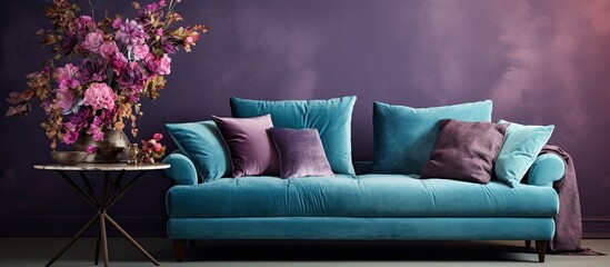 Stylish velvet sofa near classy coffee table with flowers With copyspace for text