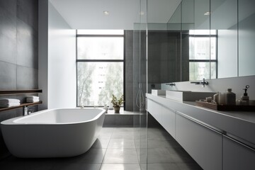 Fototapeta na wymiar Indulge in luxury and elegance with a modern bathroom design. White interiors, clean lines, and contemporary fixtures create a bright and relaxing space for ultimate hygiene and relaxation.