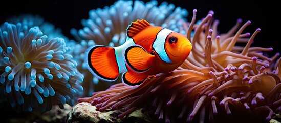 Amphiprion percula has a strong affection for its Anemone Coral With copyspace for text - obrazy, fototapety, plakaty