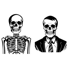 Human Bones and Halloween Skeleton Silhouette: Isolated Vector Illustration of Skull Head Set
