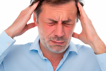 A white man in a blue collared shirt with a severe headache
