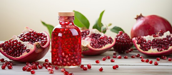 Pomegranate oil bottle Natural body care with scattered red seeds With copyspace for text