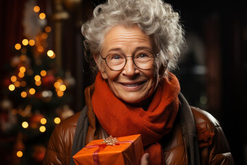 an elderly woman is holding a gift on a christmas tree - obrazy, fototapety, plakaty