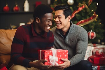 Black and Asian gay couple giving a gift sitting on sofa Christmas morning