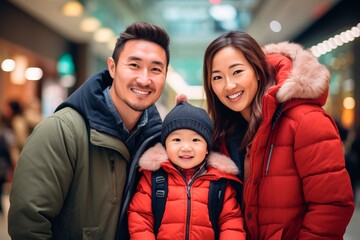Asian couple with little baby girl portrait in shopping center. Looking for bargain in Black Friday