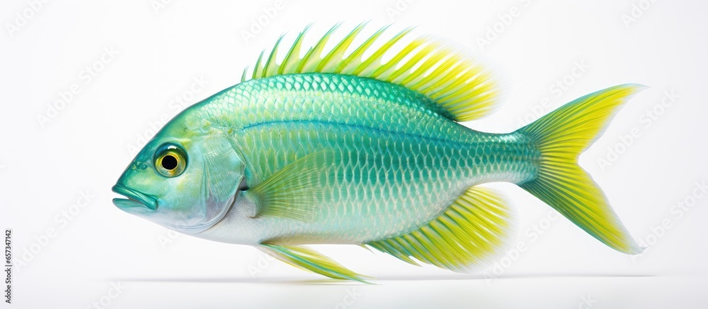 Sticker Blue green chromis is a type of bone fish from the family Pomacentridae belonging to the group Osteichthyes With copyspace for text