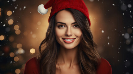 Portrait of beautiful young woman in Santa hat on blurred Christmas lights background.