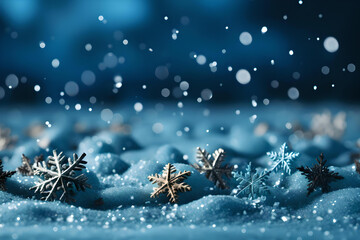 Fototapeta na wymiar Winter snow background with snow flakes on the blue sky, winter backdrop, Winter christmas background