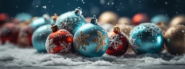 christmas baubles and ornaments laying on the snow, banner, backdrop, design, hollidays, festive, new year, background - obrazy, fototapety, plakaty