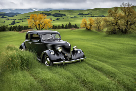 Vintage black car on meadow with landscape hills valley in the background