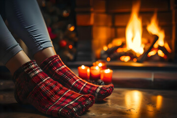 Feet in red socks by the fireplace with a cup of hot drink, Winter and Christmas holidays, Warming feet by the fireplace in winter time